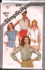 5172 Vintage Simplicity Sewing Pattern Misses Button Front Shirts Casual OOP SEW