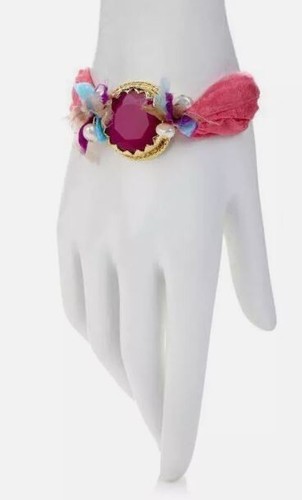 Brazalete Brazalete Raro Bajalia Cuarcita Rosa y Cinta Satinada Tono Dorado 6.5" - Imagen 3 de 3
