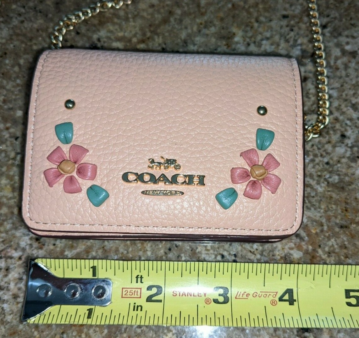 Coach Mini Leather Wallet Gold tone Chain With Floral