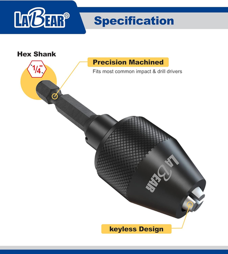 Keyless Mini 3-Jaw Drill Chuck with Quick-Change 1/4" Hex Shank Adapter - Picture 3 of 12