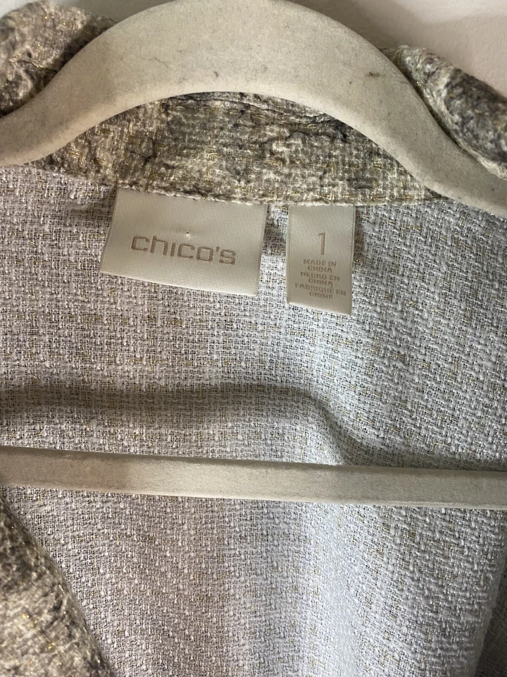 Chico's Womens White Shimmer Blazer Button Long Jacket Long Sleeve Size 1 - Image 2 of 4