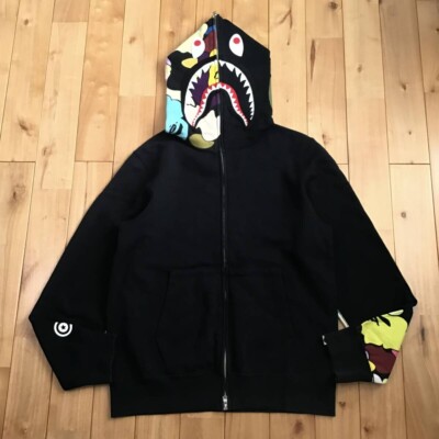 BAPE Giant Multi Camo Shark Full Zip Hoodie Black A Bathing Ape