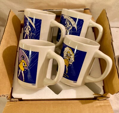 Vintage Mortons Salt Mugs ''When It Rains It Pours'' N.O.S. Set Of 4