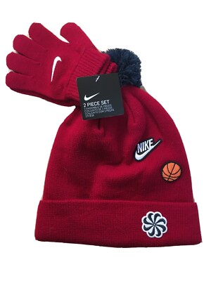 NWT NIKE Youth Red Beanie Sports Themed With Navy Pompom Gloves Set