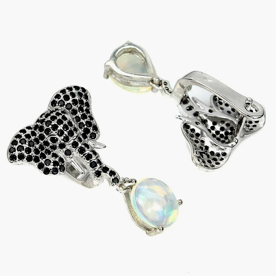 СЕРЬГИ-СЛОНЫ ИЗ СТЕРЛИНГОВОГО СЕРЕБРА 925 ПРОБЫ С РАДУЖНЫМ ОГНЕННЫМ ОПАЛОМ И ЧЕРНОЙ ШПИНЕЛЬЮ 14 КАРАТ WGP - Изображение 3 из 3