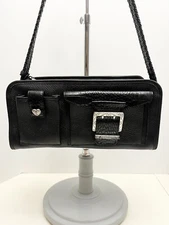 BRIGHTON Black Pebbled Leather Reptile Embossed Braided Shoulder Strap Handbag