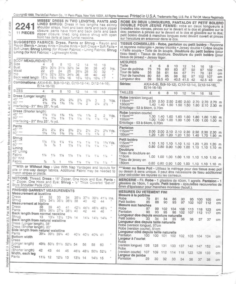 Uncut McCall's Sewing Pattern 2241 Dress in Two Lengths Pants & Shrug Size 4-6-8 - Image 2 of 2