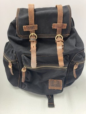 Aukmont Plus Unisex Black Canvas Brown Leather Straps Rucksack Backpack     15