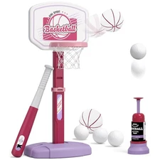 Kids 2-in-1 Basketball Hoop  T-Ball Set - Adjustable Height, Indoor/Outdoor