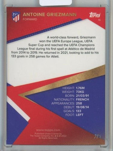 Antoine Griezmann 2021-22 Topps Atletico de Madrid Team Set Soccer #16 Red 2/5 - Picture 2 of 2