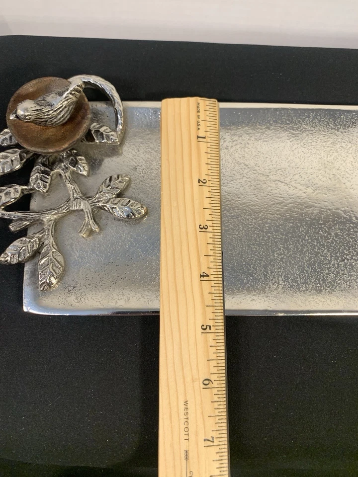 Mud Pie Silver Metal 12 Inch Bird In Nest With Leaves Textured Tray - Image 4 of 4