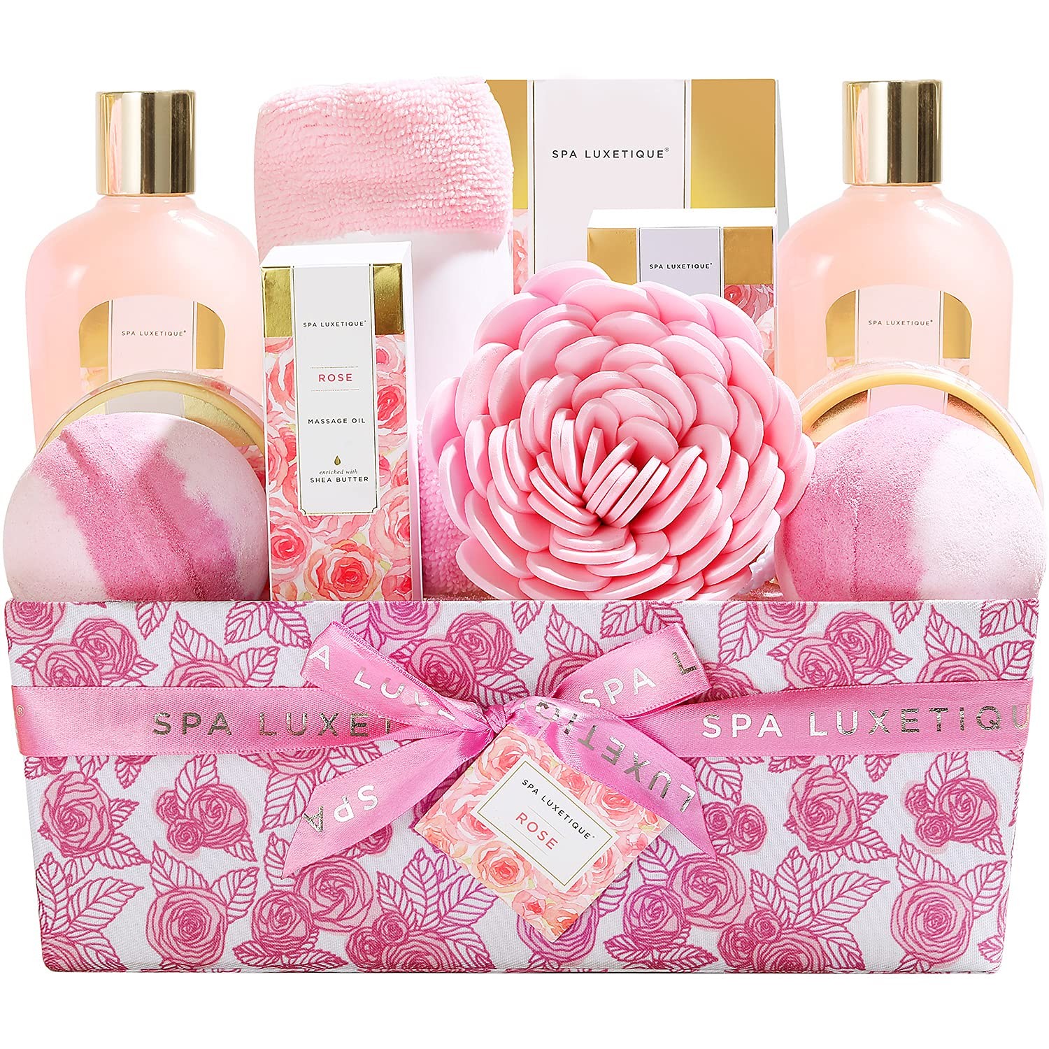Luxury 12-Piece Rose Spa Gift Basket for Women with Bath Essentials