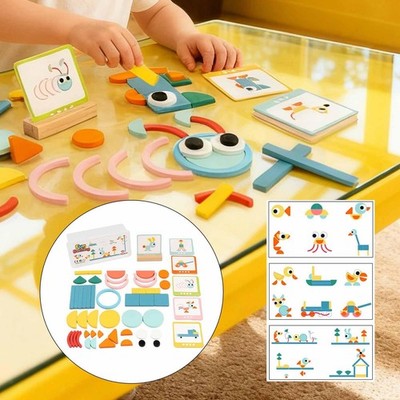 Wooden Pattern Blocks Toddler Building Blocks Color Sorting Stacking Game