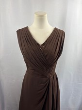 Elegant Brown Evening Gown With Beaded Embellishments  Pleated V-Neck Design