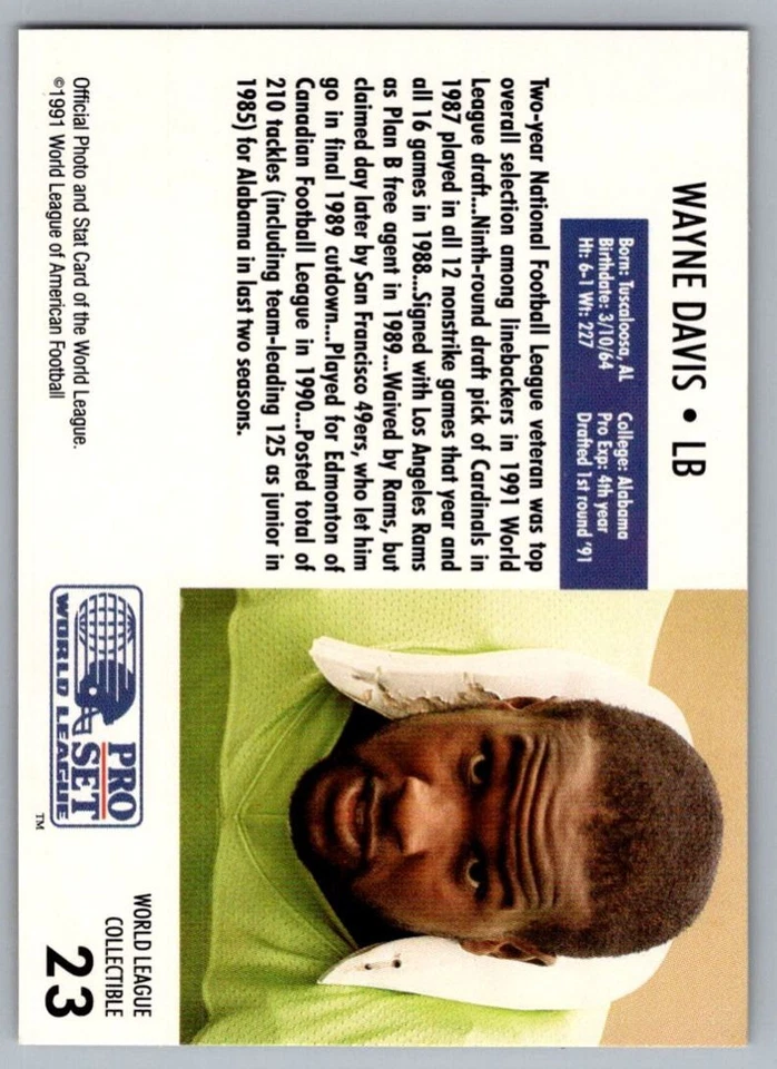 1991 Pro Set WLAF Inserts Wayne Davis Orlando Thunder #23 - Image 2 of 2