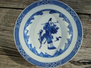 Antique Chinese Blue White Porcelain 9" Plate Goddess Deer Flowers 19th Century