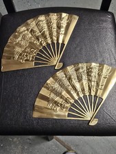 Vintage Brass Asian Oriental Dragon Phoenix Fan Set Hanging Wall Decor