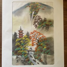 JAPANESE VINTAGE SILK WATERCOLOR WATERFALL FISHERMAN LANDSCAPE PAINTING SIGNED