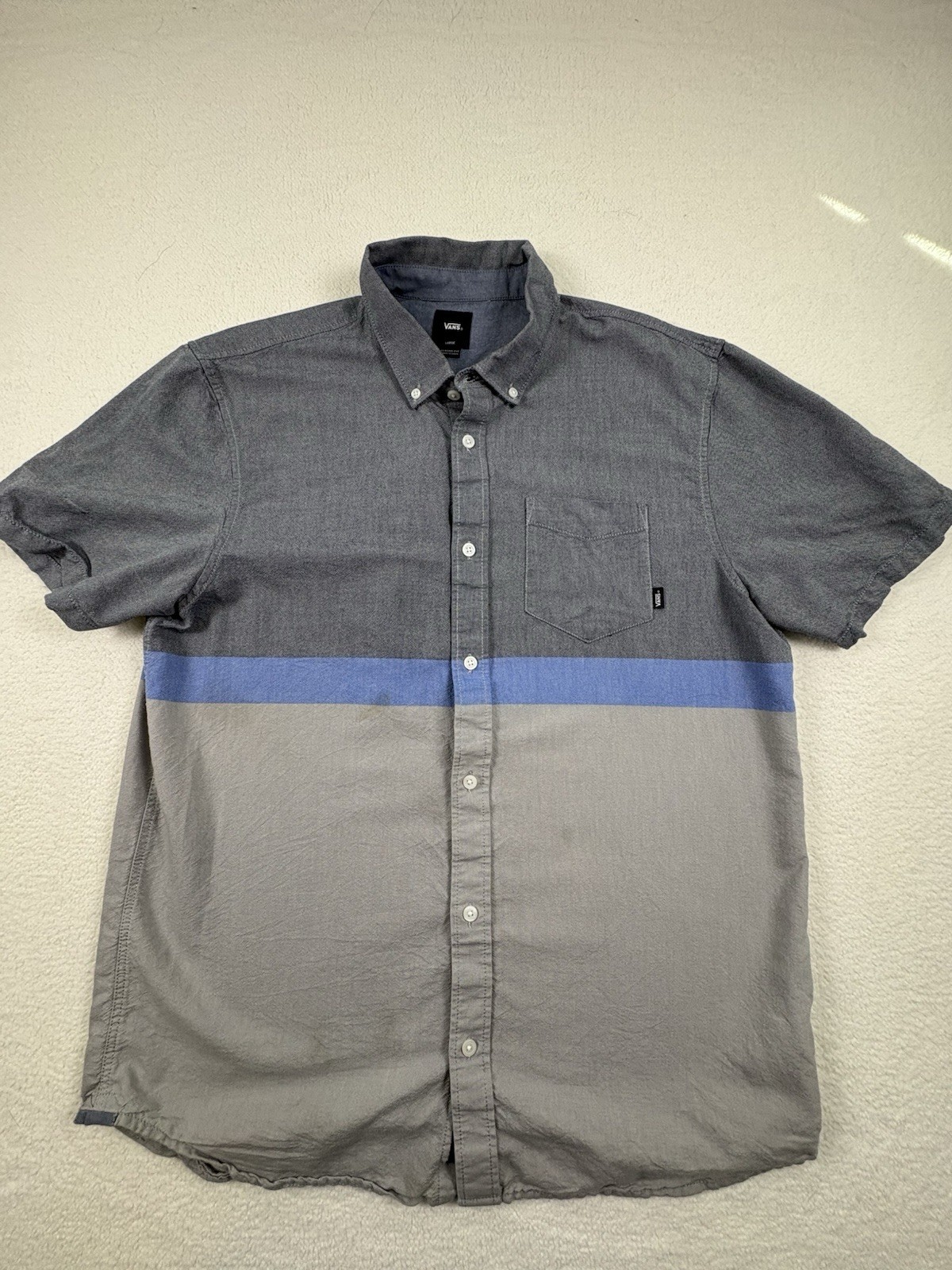 Vans Men’s Large Woven Shirt Short Sleeve Cotton Button Front Gray Blue Stripe