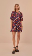 Farm Rio Wild Mushroom Black Puff Sleeve Mini Dress Size XXS Psychedelic XS