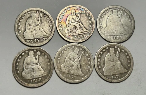 1854, 1855, 2 1858, 1876 S AND 1878 CC SEATED  LIBERTY QUARTER LOT / 6 COINS