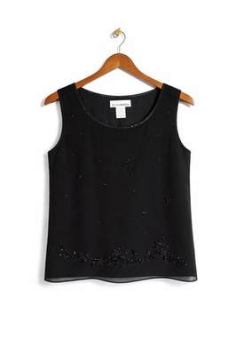 After Dark Black Beaded Tank Top Petite Sleeveless Sheer Overlay Dressy Size 8P