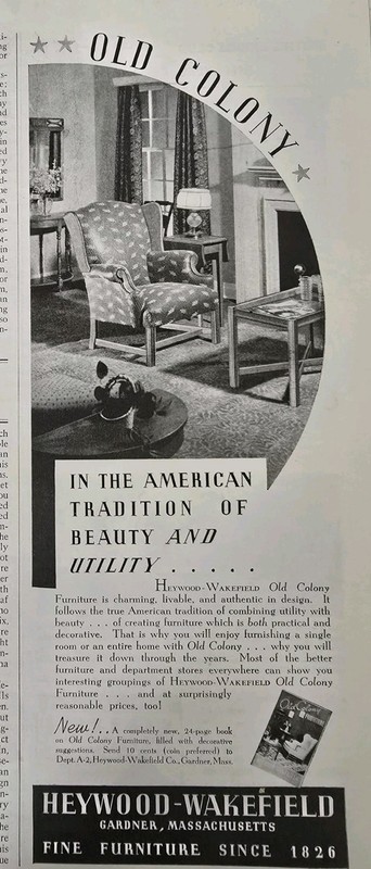 1939 Heywood Wakefield Old Colony tables chair furniture Vintage ad 