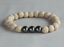 CREAM LAVA ROCK & HEMATITE 10MM ROUNDS BRACELET 7" ~ 18CM  