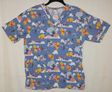 DISNEY Scrub Top, POOK  FRIENDS - SPRING FLOWERS, Blue V-Neck, 2 Pockets, 2XL