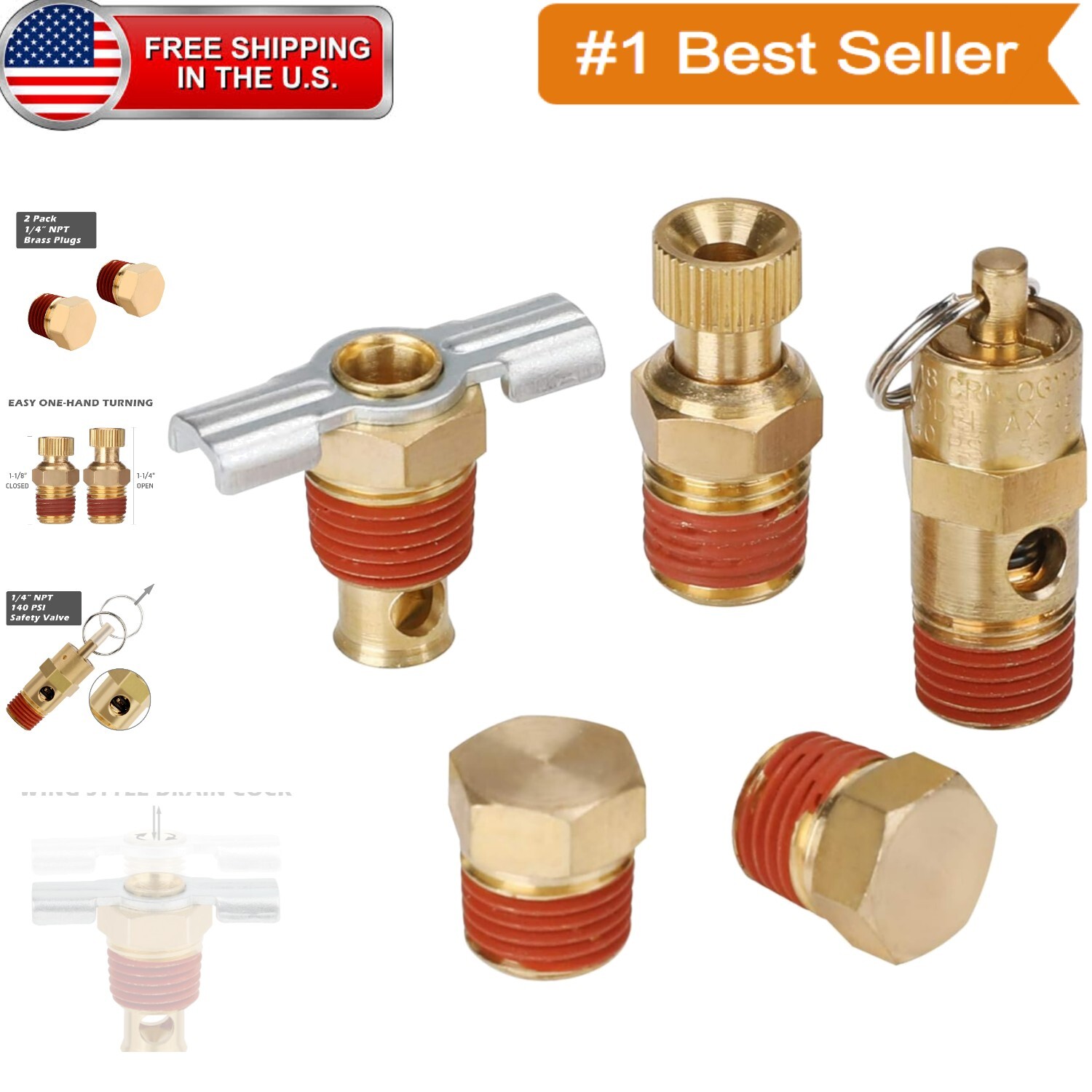 140 PSI Air Tank Fittings Kit - Wing Valve and Hex Head Plugs for Durability