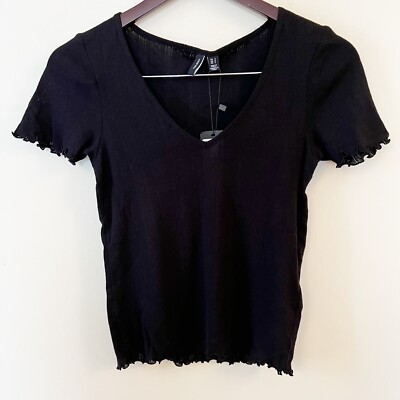 Vero Moda Ruffle Hem Short Sleeve Top Black Knit Lightweight Size Small New