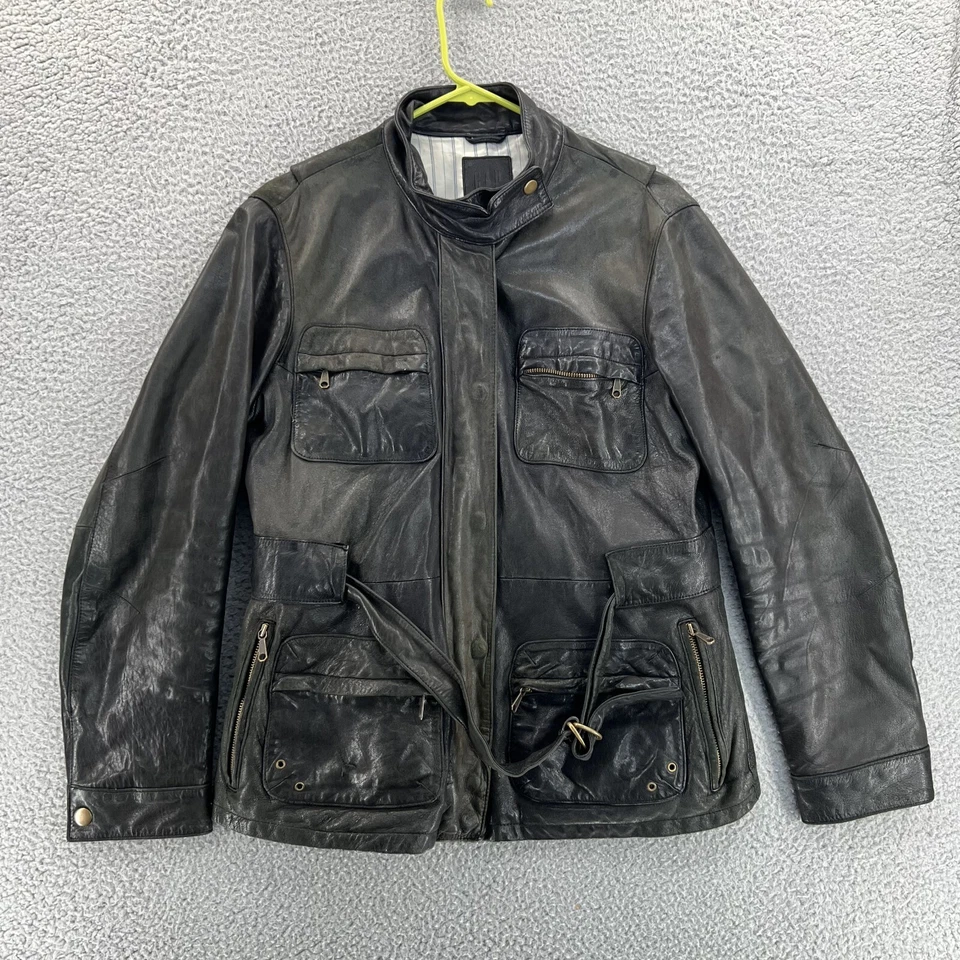 GAP Genuine Leather Jacket Men's Medium Solid Black Belted Motorcycle - READ - Image 2 of 4