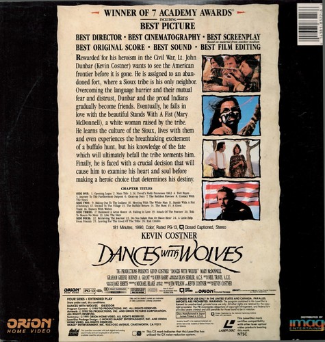 "Dances with Wolves" Widescreen Orion Image Laserdisc LD - Kevin Costner - Picture 2 of 2