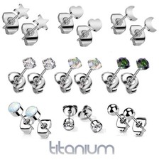 TITANIUM Stud Earrings - Tiny Small Crystal Opal Ball Star - Ear Rings