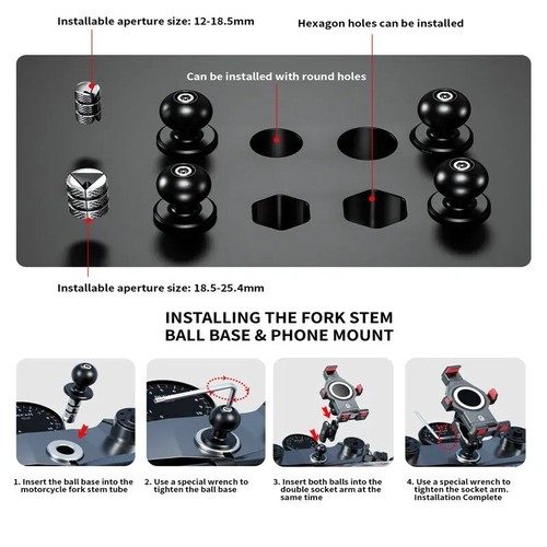 Support moto noir pour téléphone/GoPro/Insta360, boule 17mm/25mm, tige fourche - Photo 5/12