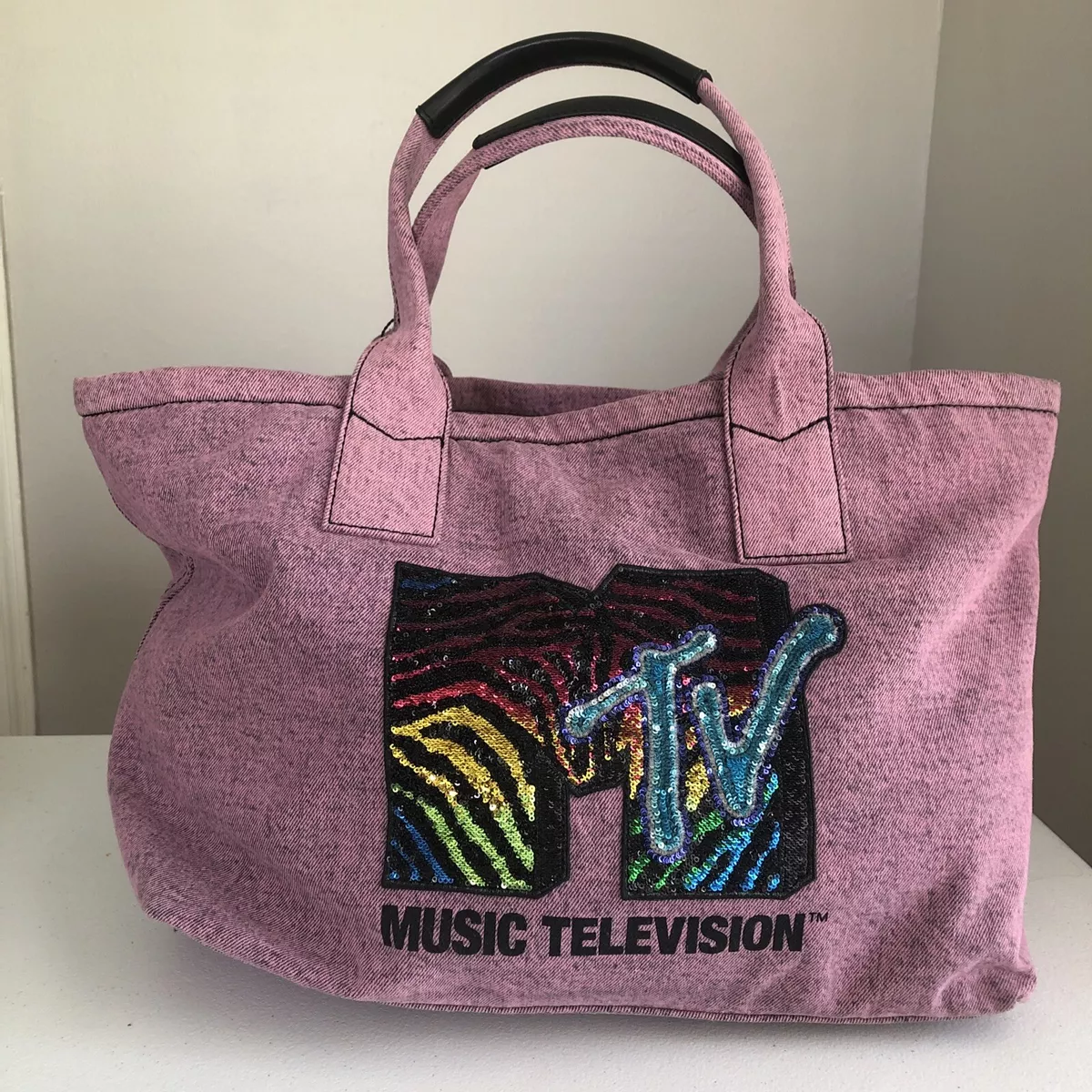 Marc Jacobs MTV Logo Rainbow Sequins Pink Denim Tote Bag New With Tags