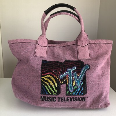 Marc Jacobs MTV Logo Rainbow Sequins Pink Denim Tote Bag New