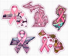 Multi State Pink Awareness Ribbon Stickers Glossy Breast Cancer HI MA NJ MI TN