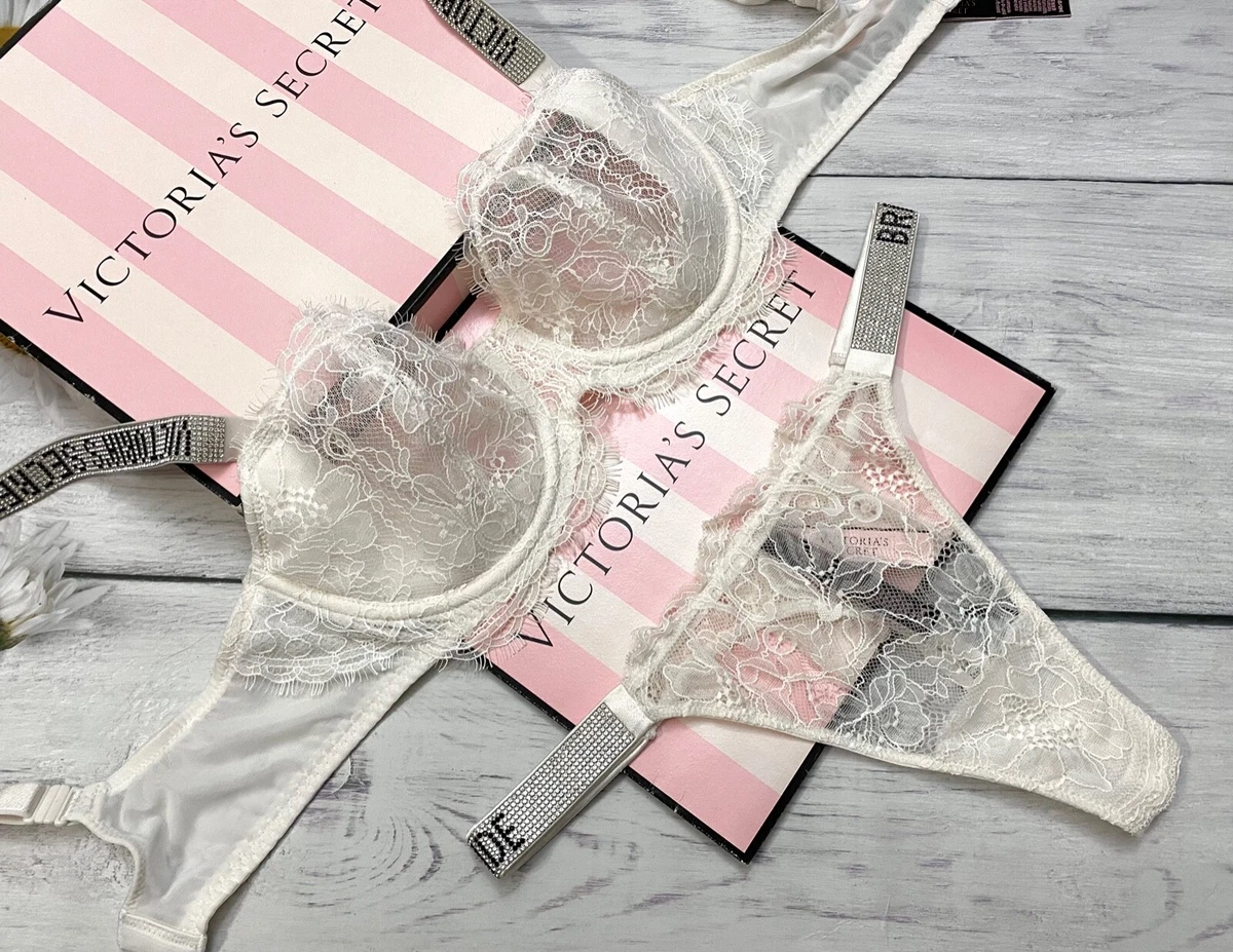 Victoria's Secret Wicked Shine Strap Bra Thong Set Very Sexy Lace White  Bride