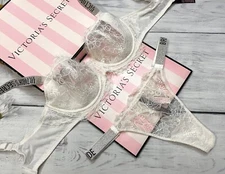 Victoria's Secret Wicked Shine Strap Bra Thong Set Very Sexy Lace White "Bride"