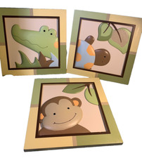 Lambs Ivy Set of 3 Nursery 3D Wall Decor Pictures Monkey Turtle Alligator