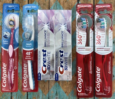 2)Crest 3D WHITE Toothpaste Mint 6/27 +4)COLGATE 360 Toothbrushes Extra,Soft,Med
