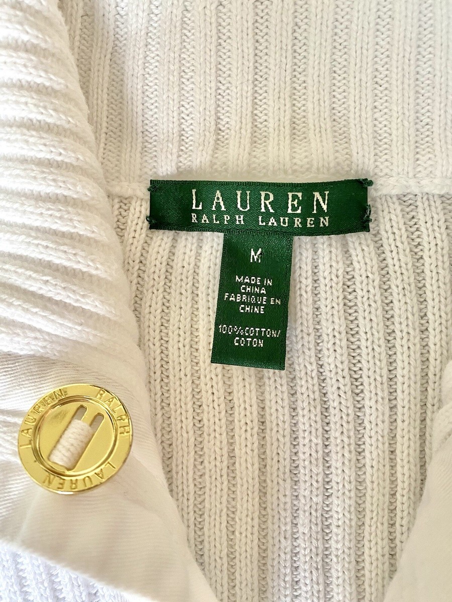 Lauren Ralph Lauren White Rib Knit Cardigan Sweater Gold