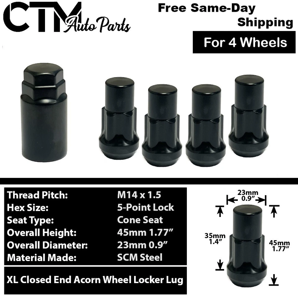 Juego de 20 tuercas de asiento cónicas negras 14x1,5 + bloqueo de rueda para modelos Ford Lincoln Foto 3 de 4