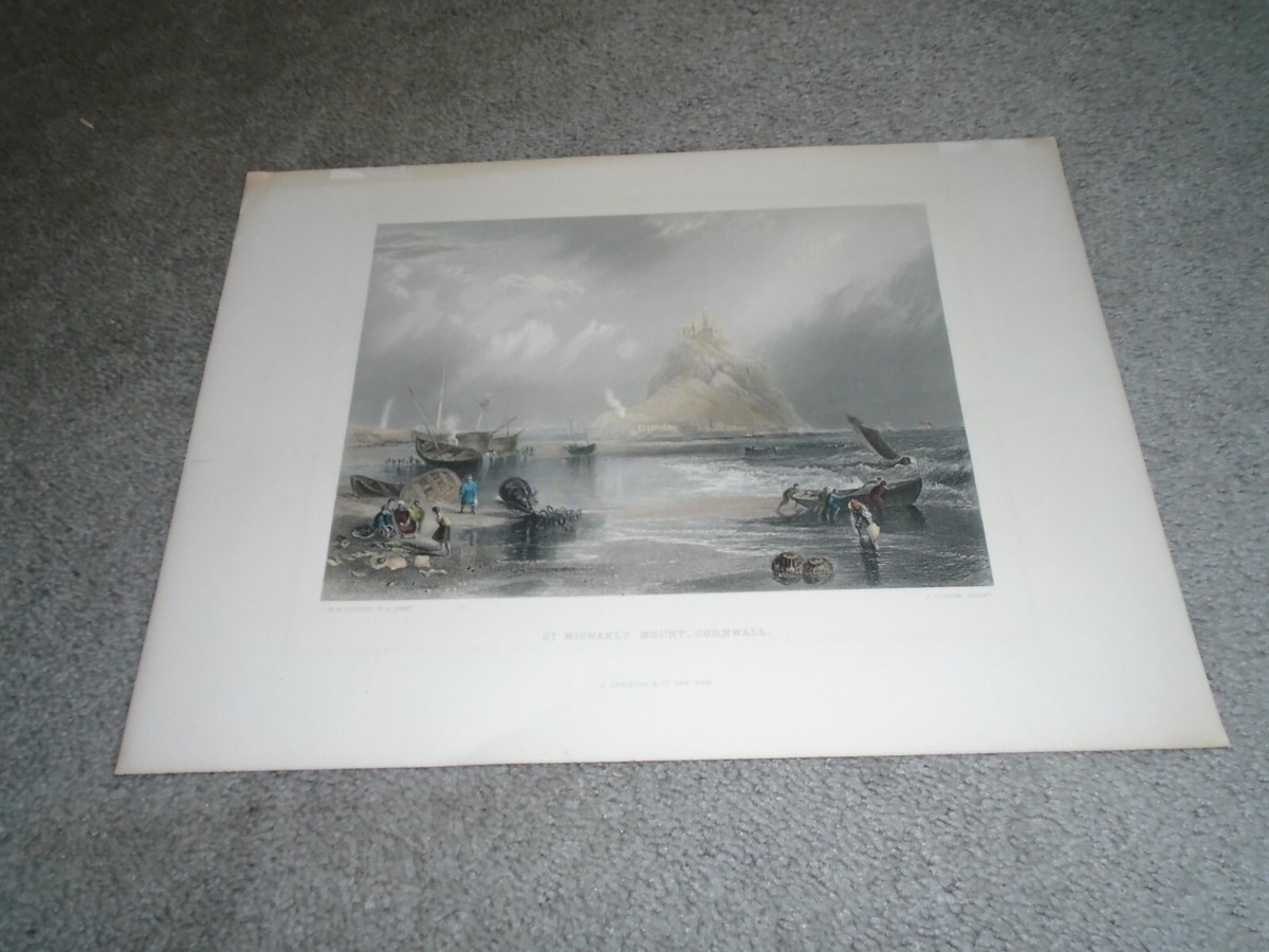 St. Michael's Mount Cornwall Antique Colored Etching J.M.W.