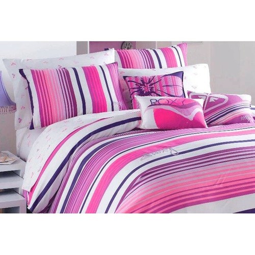 Roxy SUN KISSED TWIN/XL 5pc Duvet Cover Sham Sheet Set Pink Purple Stripe Heart - Picture 2 of 5