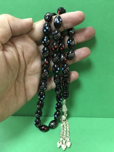 Vintage Black Coral (Red Coral ,Turquoise) In Lay Worry Beads Islamic Masbaha R - Picture 9 of 10