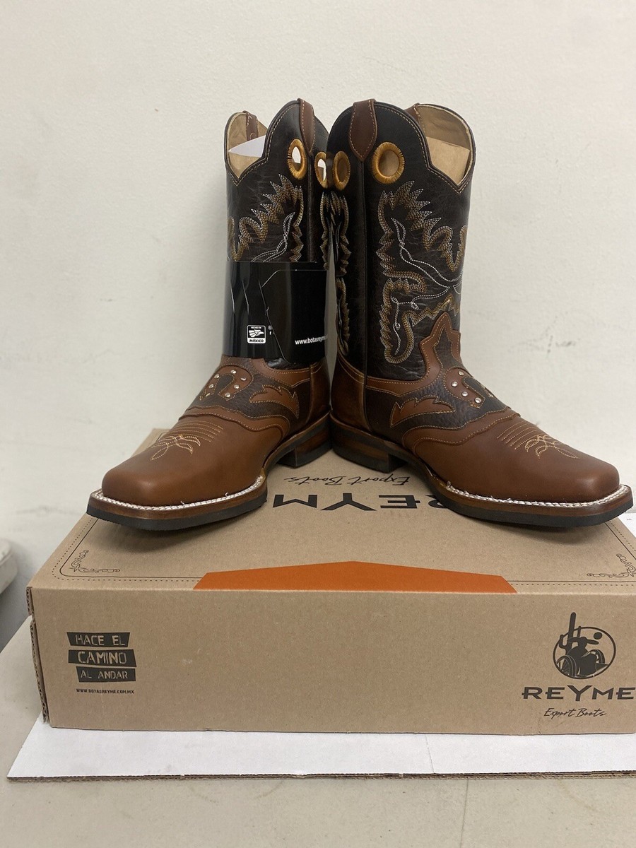 MEN'S RODEO COWBOY BOOTS GENUINE LEATHER BROWN SQUARE TOE BOTA