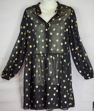H & M Dress Womens Size XS Black Gold Polka Dot Print Long Sleeve Half Button