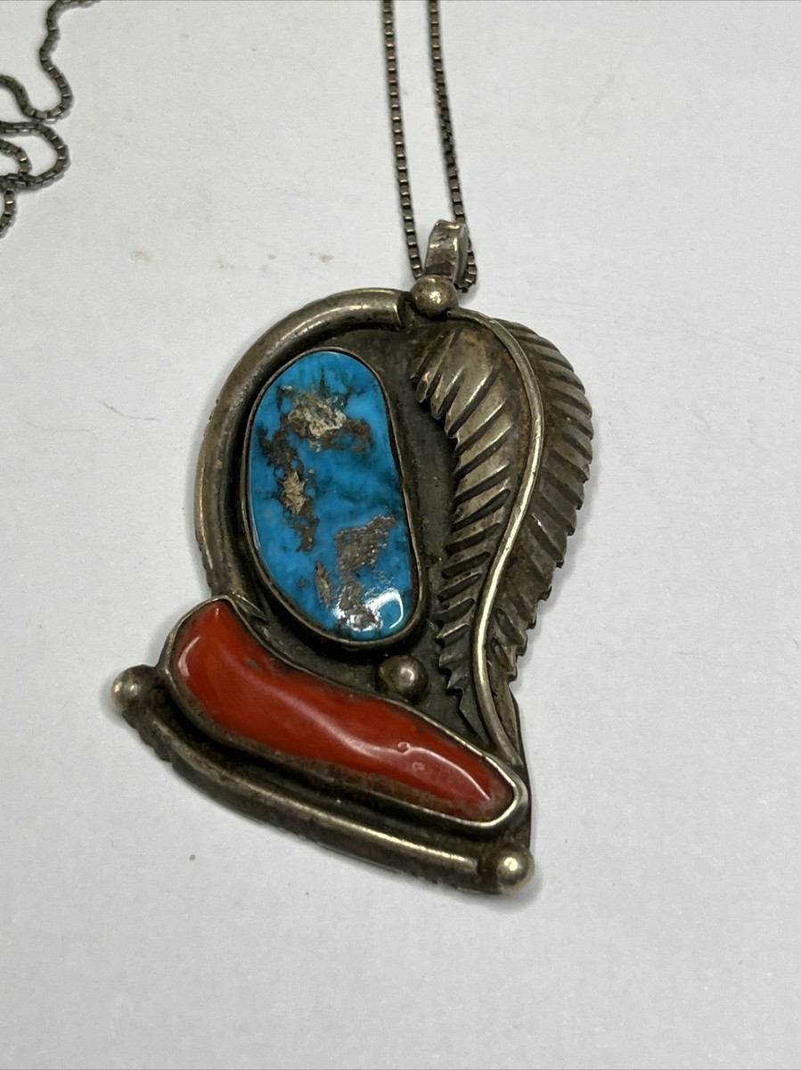 VTG SIGNED MF Coral & Turquoise Feather Pendant W/ STERLING